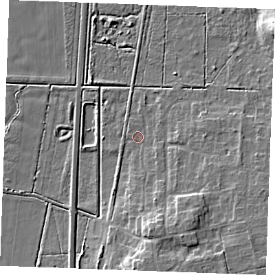 Shaded relief map of the ground around PE316YA, computed from Environment Agency LiDAR. The ground here sits at about 5 m above sea level and falls 13 m across the surrounding 800 m. Surface water reaching this point runs off ground lying to the south, 7.0 m higher.