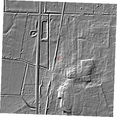 Shaded relief map of the ground around PE316YU, computed from Environment Agency LiDAR. The ground here sits at about 5 m above sea level and falls 12 m across the surrounding 800 m. Surface water reaching this point runs off ground lying to the south-east, 7.8 m higher.
