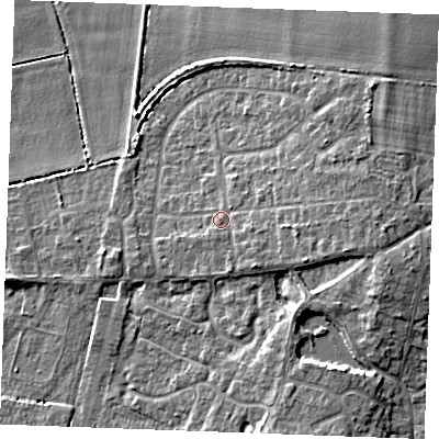 Shaded relief map of the ground around PE317AD, computed from Environment Agency LiDAR. The ground here sits at about 6 m above sea level and falls 7 m across the surrounding 800 m. Surface water reaching this point runs off ground lying to the east-south-east, 3.0 m higher.