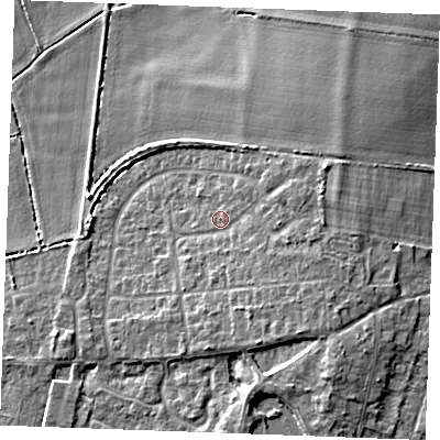 Shaded relief map of the ground around PE317AF, computed from Environment Agency LiDAR. The ground here sits at about 6 m above sea level and falls 7 m across the surrounding 800 m. Surface water reaching this point runs off ground lying to the east-north-east, 3.0 m higher.