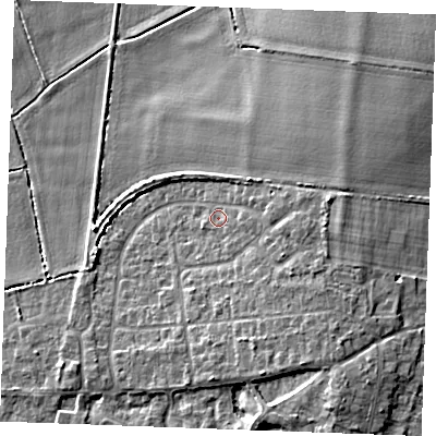 Shaded relief map of the ground around PE317AJ, computed from Environment Agency LiDAR. The ground here sits at about 6 m above sea level and falls 7 m across the surrounding 800 m. Surface water reaching this point runs off ground lying to the east, 2.8 m higher.