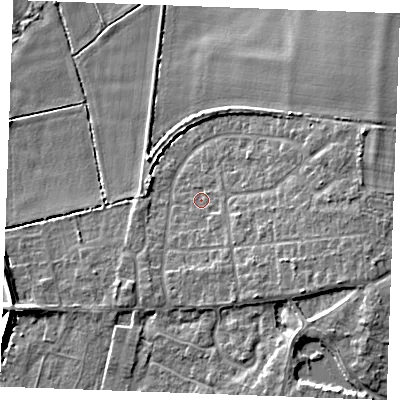 Shaded relief map of the ground around PE317AL, computed from Environment Agency LiDAR. The ground here sits at about 5 m above sea level and falls 7 m across the surrounding 800 m. Surface water reaching this point runs off ground lying to the south-south-east, 2.9 m higher.
