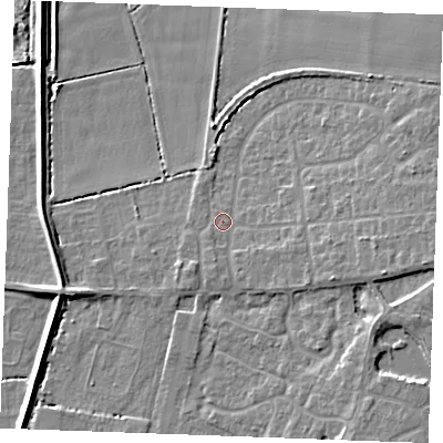 Shaded relief map of the ground around PE317AN, computed from Environment Agency LiDAR. The ground here sits at about 5 m above sea level and falls 7 m across the surrounding 800 m. Surface water reaching this point runs off ground lying to the south-east, 2.3 m higher.