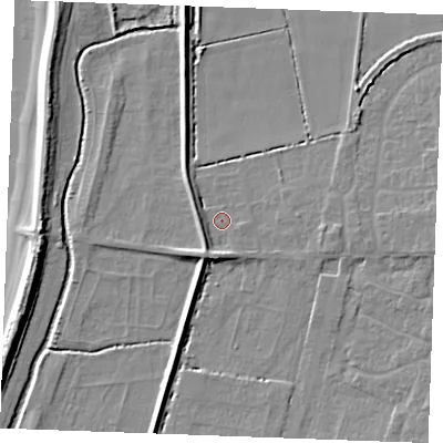 Shaded relief map of the ground around PE317AR, computed from Environment Agency LiDAR. The ground here sits at about 4 m above sea level and falls 9 m across the surrounding 800 m. Surface water reaching this point runs off ground lying to the south-south-west, 3.1 m higher.