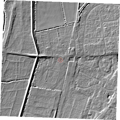 Shaded relief map of the ground around PE317AS, computed from Environment Agency LiDAR. The ground here sits at about 5 m above sea level and falls 7 m across the surrounding 800 m. Surface water reaching this point runs off ground lying to the north-east, 1.2 m higher.