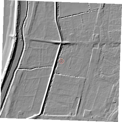 Shaded relief map of the ground around PE317AT, computed from Environment Agency LiDAR. The ground here sits at about 3 m above sea level and falls 9 m across the surrounding 800 m. Surface water reaching this point runs off ground lying to the east-north-east, 2.4 m higher.