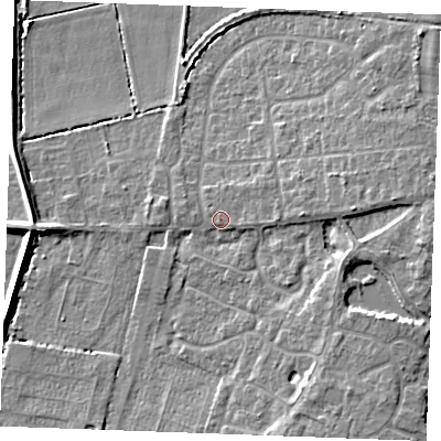 Shaded relief map of the ground around PE317AW, computed from Environment Agency LiDAR. The ground here sits at about 6 m above sea level and falls 8 m across the surrounding 800 m. Surface water reaching this point runs off ground lying to the east-south-east, 1.2 m higher.