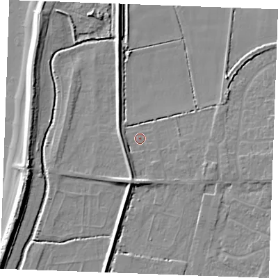 Shaded relief map of the ground around PE317AX, computed from Environment Agency LiDAR. The ground here sits at about 4 m above sea level and falls 9 m across the surrounding 800 m. Surface water reaching this point runs off ground lying to the south, 3.9 m higher.