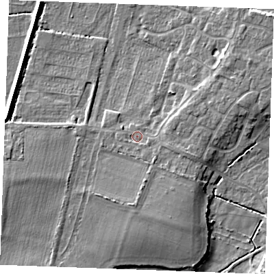 Shaded relief map of the ground around PE317BA, computed from Environment Agency LiDAR. The ground here sits at about 6 m above sea level and falls 7 m across the surrounding 800 m. Surface water reaching this point runs off ground lying to the east-south-east, 2.2 m higher.