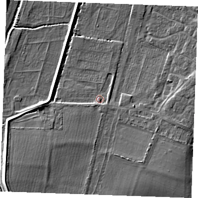 Shaded relief map of the ground around PE317BB, computed from Environment Agency LiDAR. The ground here sits at about 5 m above sea level and falls 7 m across the surrounding 800 m. Surface water reaching this point runs off ground lying to the south-east, 1.7 m higher.