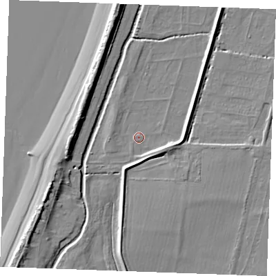 Shaded relief map of the ground around PE317BD, computed from Environment Agency LiDAR. The ground here sits at about 4 m above sea level and falls 9 m across the surrounding 800 m. Surface water reaching this point runs off ground lying to the south-east, 3.9 m higher.