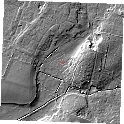 Shaded relief map of the ground around PE317BG, computed from Environment Agency LiDAR. The ground here sits at about 5 m above sea level and falls 10 m across the surrounding 800 m. Surface water reaching this point runs off ground lying to the east, 8.1 m higher.