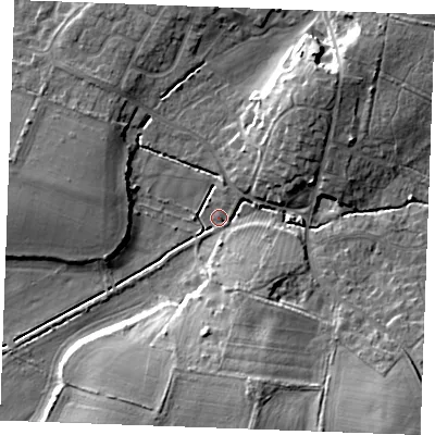 Shaded relief map of the ground around PE317BH, computed from Environment Agency LiDAR. The ground here sits at about 6 m above sea level and falls 14 m across the surrounding 800 m. Surface water reaching this point runs off ground lying to the south-east, 12.1 m higher.