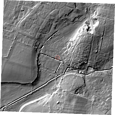 Shaded relief map of the ground around PE317BN, computed from Environment Agency LiDAR. The ground here sits at about 5 m above sea level and falls 12 m across the surrounding 800 m. Surface water reaching this point runs off ground lying to the east-north-east, 7.6 m higher.