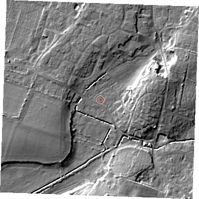 Shaded relief map of the ground around PE317BQ, computed from Environment Agency LiDAR. The ground here sits at about 5 m above sea level and falls 10 m across the surrounding 800 m. Surface water reaching this point runs off ground lying to the east, 8.8 m higher.