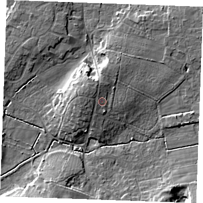 Shaded relief map of the ground around PE317BS, computed from Environment Agency LiDAR. The ground here sits at about 11 m above sea level and falls 13 m across the surrounding 800 m. Surface water reaching this point runs off ground lying to the west-north-west, 1.8 m higher.