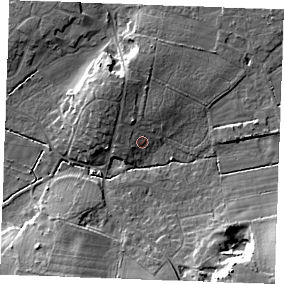 Shaded relief map of the ground around PE317BT, computed from Environment Agency LiDAR. The ground here sits at about 9 m above sea level and falls 19 m across the surrounding 800 m. Surface water reaching this point runs off ground lying to the north-north-west, 2.6 m higher.