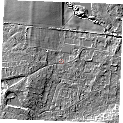 Shaded relief map of the ground around PE317EX, computed from Environment Agency LiDAR. The ground here sits at about 7 m above sea level and falls 9 m across the surrounding 800 m. Surface water reaching this point runs off ground lying to the west-south-west, 2.2 m higher.