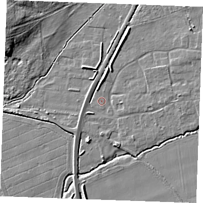 Shaded relief map of the ground around PE317FR, computed from Environment Agency LiDAR. The ground here sits at about 8 m above sea level and falls 11 m across the surrounding 800 m. Surface water reaching this point runs off ground lying to the north, 3.7 m higher.