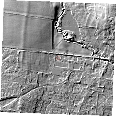 Shaded relief map of the ground around PE317HF, computed from Environment Agency LiDAR. The ground here sits at about 6 m above sea level and falls 12 m across the surrounding 800 m. Surface water reaching this point runs off ground lying to the east-south-east, 3.1 m higher.