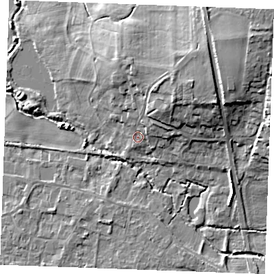 Shaded relief map of the ground around PE317HH, computed from Environment Agency LiDAR. The ground here sits at about 9 m above sea level and falls 22 m across the surrounding 800 m. Surface water reaching this point runs off ground lying to the north-east, 11.2 m higher.