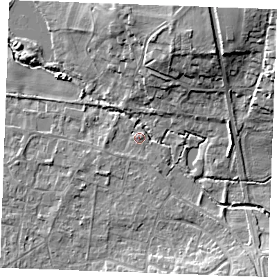 Shaded relief map of the ground around PE317HY, computed from Environment Agency LiDAR. The ground here sits at about 8 m above sea level and falls 16 m across the surrounding 800 m. Surface water reaching this point runs off ground lying to the north-east, 13.6 m higher.