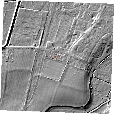Shaded relief map of the ground around PE317JH, computed from Environment Agency LiDAR. The ground here sits at about 6 m above sea level and falls 7 m across the surrounding 800 m. Surface water reaching this point runs off ground lying to the east-south-east, 0.9 m higher.