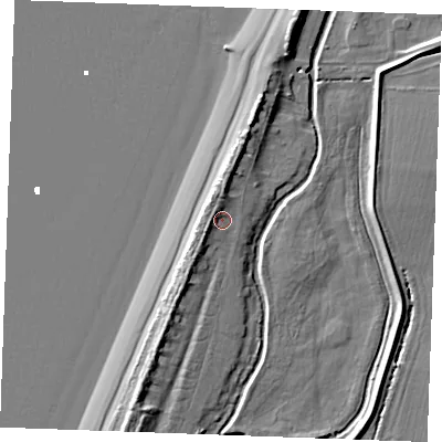 Shaded relief map of the ground around PE317LH, computed from Environment Agency LiDAR. The ground here sits at about 5 m above sea level and falls 9 m across the surrounding 800 m. Surface water reaching this point runs off ground lying to the west-south-west, 3.0 m higher.