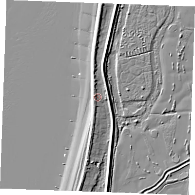 Shaded relief map of the ground around PE317LJ, computed from Environment Agency LiDAR. The ground here sits at about 5 m above sea level and falls 10 m across the surrounding 800 m. Surface water reaching this point runs off ground lying to the east-north-east, 3.0 m higher.