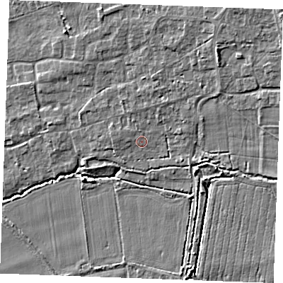 Shaded relief map of the ground around PE317QH, computed from Environment Agency LiDAR. The ground here sits at about 10 m above sea level and falls 8 m across the surrounding 800 m. Surface water reaching this point runs off ground lying to the north-north-east, 1.2 m higher.