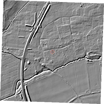 Shaded relief map of the ground around PE317QS, computed from Environment Agency LiDAR. The ground here sits at about 8 m above sea level and falls 8 m across the surrounding 800 m. Surface water reaching this point runs off ground lying to the east-north-east, 2.6 m higher.
