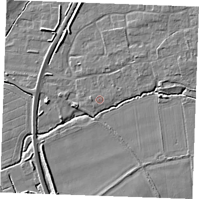 Shaded relief map of the ground around PE317QT, computed from Environment Agency LiDAR. The ground here sits at about 9 m above sea level and falls 8 m across the surrounding 800 m. Surface water reaching this point runs off ground lying to the west, 0.8 m higher.