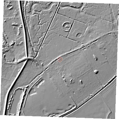 Shaded relief map of the ground around PE317RA, computed from Environment Agency LiDAR. The ground here sits at about 4 m above sea level and falls 6 m across the surrounding 800 m. Surface water reaching this point runs off ground lying to the south-south-east, 2.5 m higher.