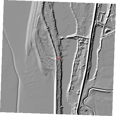 Shaded relief map of the ground around PE317RB, computed from Environment Agency LiDAR. The ground here sits at about 5 m above sea level and falls 7 m across the surrounding 800 m. Surface water reaching this point runs off ground lying to the north-west, 3.9 m higher.