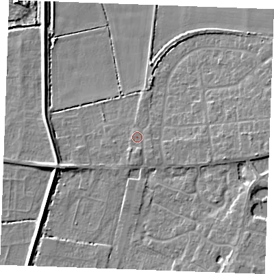 Shaded relief map of the ground around PE317SY, computed from Environment Agency LiDAR. The ground here sits at about 5 m above sea level and falls 7 m across the surrounding 800 m. Surface water reaching this point runs off ground lying to the south, 1.3 m higher.