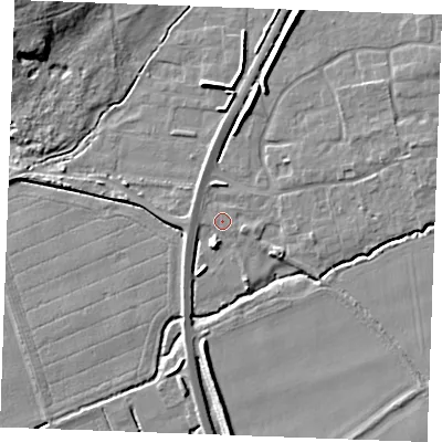 Shaded relief map of the ground around PE317TR, computed from Environment Agency LiDAR. The ground here sits at about 8 m above sea level and falls 13 m across the surrounding 800 m. Surface water reaching this point runs off ground lying to the north-north-east, 5.7 m higher.