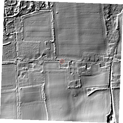 Shaded relief map of the ground around PE318BB, computed from Environment Agency LiDAR. The ground here sits at about 11 m above sea level and falls 26 m across the surrounding 800 m. Surface water reaching this point runs off ground lying to the south, 13.4 m higher.