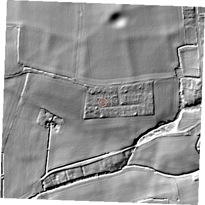 Shaded relief map of the ground around PE321BN, computed from Environment Agency LiDAR. The ground here sits at about 19 m above sea level and falls 10 m across the surrounding 800 m. Surface water reaching this point runs off ground lying to the north-west, 2.6 m higher.