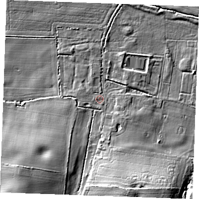 Shaded relief map of the ground around PE321EE, computed from Environment Agency LiDAR. The ground here sits at about 5 m above sea level and falls 20 m across the surrounding 800 m. Surface water reaching this point runs off ground lying to the south-south-east, 15.6 m higher.