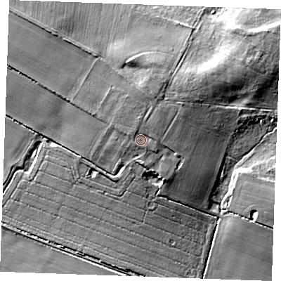 Shaded relief map of the ground around PE321EZ, computed from Environment Agency LiDAR. The ground here sits at about 17 m above sea level and falls 21 m across the surrounding 800 m. Surface water reaching this point runs off ground lying to the north-east, 5.2 m higher.