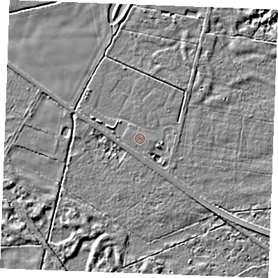 Shaded relief map of the ground around PE321FY, computed from Environment Agency LiDAR. The ground here sits at about 12 m above sea level and falls 6 m across the surrounding 800 m. Surface water reaching this point runs off ground lying to the south-south-east, 0.6 m higher.