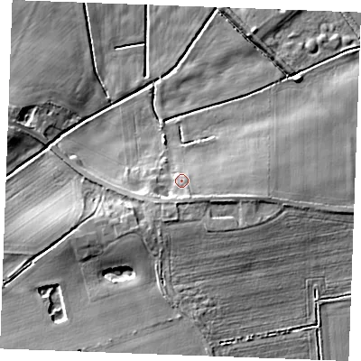 Shaded relief map of the ground around PE321HS, computed from Environment Agency LiDAR. The ground here sits at about 14 m above sea level and falls 9 m across the surrounding 800 m. Surface water reaching this point runs off ground lying to the south, 3.1 m higher.