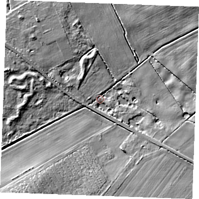 Shaded relief map of the ground around PE321HW, computed from Environment Agency LiDAR. The ground here sits at about 8 m above sea level and falls 8 m across the surrounding 800 m. Surface water reaching this point runs off ground lying to the south-east, 5.5 m higher.