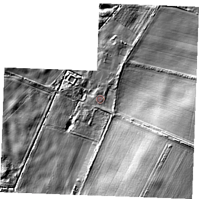 Shaded relief map of the ground around PE321JB, computed from Environment Agency LiDAR. The ground here sits at about 10 m above sea level and falls 13 m across the surrounding 800 m. Surface water reaching this point runs off ground lying to the east-south-east, 9.7 m higher.