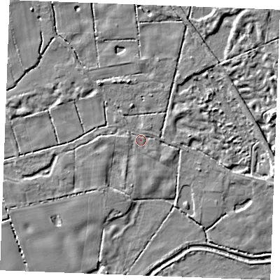 Shaded relief map of the ground around PE321JD, computed from Environment Agency LiDAR. The ground here sits at about 10 m above sea level and falls 7 m across the surrounding 800 m. Surface water reaching this point runs off ground lying to the east-north-east, 1.0 m higher.