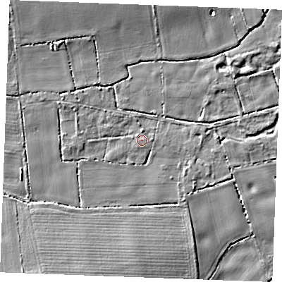 Shaded relief map of the ground around PE321JF, computed from Environment Agency LiDAR. The ground here sits at about 9 m above sea level and falls 6 m across the surrounding 800 m. Surface water reaching this point runs off ground lying to the north, 1.4 m higher.