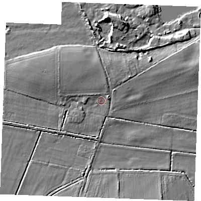 Shaded relief map of the ground around PE321JT, computed from Environment Agency LiDAR. The ground here sits at about 6 m above sea level and falls 10 m across the surrounding 800 m. Surface water reaching this point runs off ground lying to the north, 2.4 m higher.