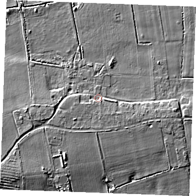 Shaded relief map of the ground around PE321JW, computed from Environment Agency LiDAR. The ground here sits at about 10 m above sea level and falls 8 m across the surrounding 800 m. Surface water reaching this point runs off ground lying to the south-east, 3.0 m higher.