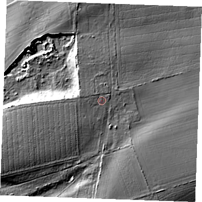 Shaded relief map of the ground around PE321JX, computed from Environment Agency LiDAR. The ground here sits at about 17 m above sea level and falls 13 m across the surrounding 800 m. Surface water reaching this point runs off ground lying to the west-north-west, 2.9 m higher.