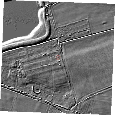 Shaded relief map of the ground around PE321LJ, computed from Environment Agency LiDAR. The ground here sits at about 11 m above sea level and falls 7 m across the surrounding 800 m. Surface water reaching this point runs off ground lying to the south-south-west, 1.2 m higher.